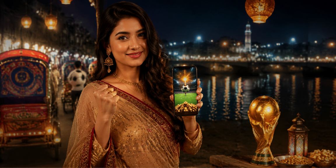 ঢাকায় শাড়ি পরা নারী 526 - এ ফুটবল বেটিং করছেন মোবাইলে