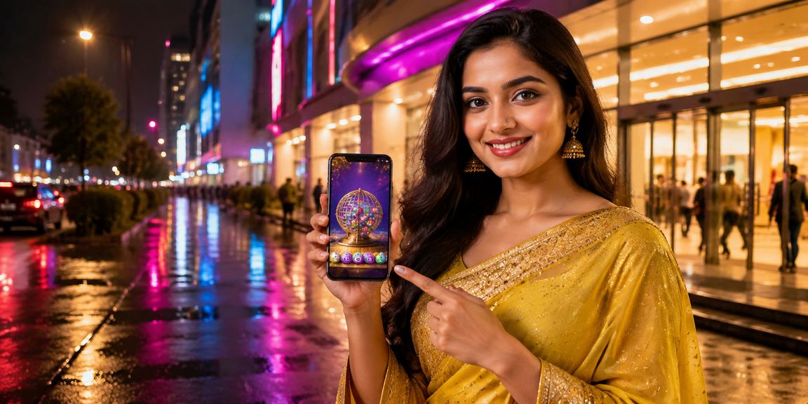 ঢাকায় নিয়ন আলোয় 526 অ্যাপে লটারি গেম খেলার দৃশ্য